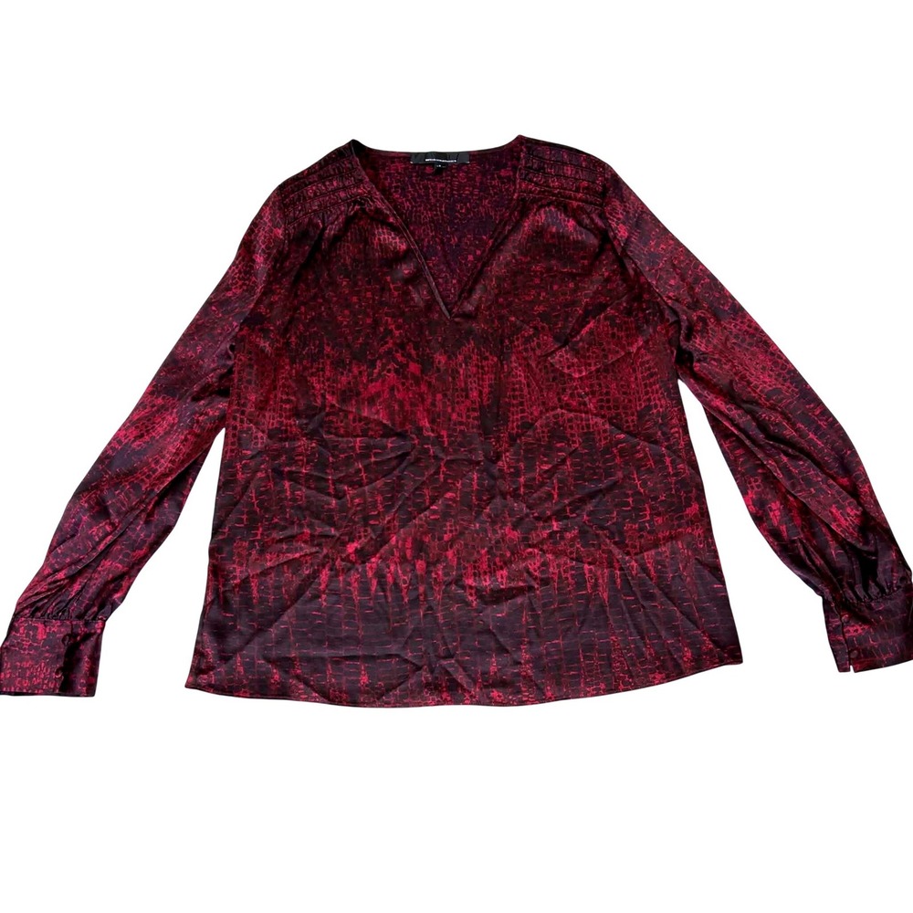 White House Black Market Burgundy Black Snakeskin V-Neck Blouse Large Satin Top